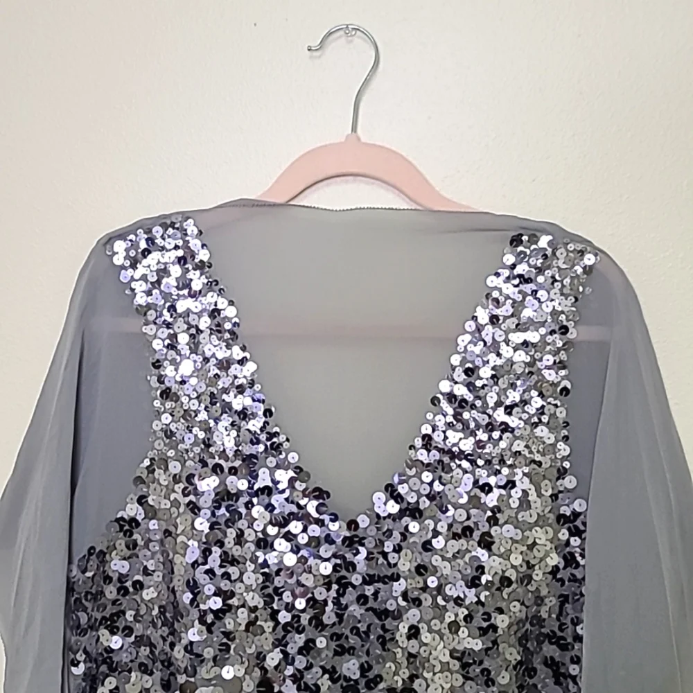 $228 BCBG Silver Sequin Chiffon Batwing Top
